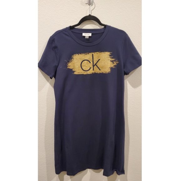 CALVIN KLEIN Logo T-Shirt Navy Blue/Gold Dress - Picture 1 of 2